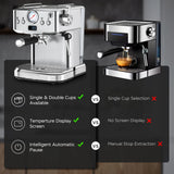Espresso Machine 20 Bar Compact Household Coffee Espresso Maker with Milk Frother Steam Wand Pressure Gauge 60oz Water Tank